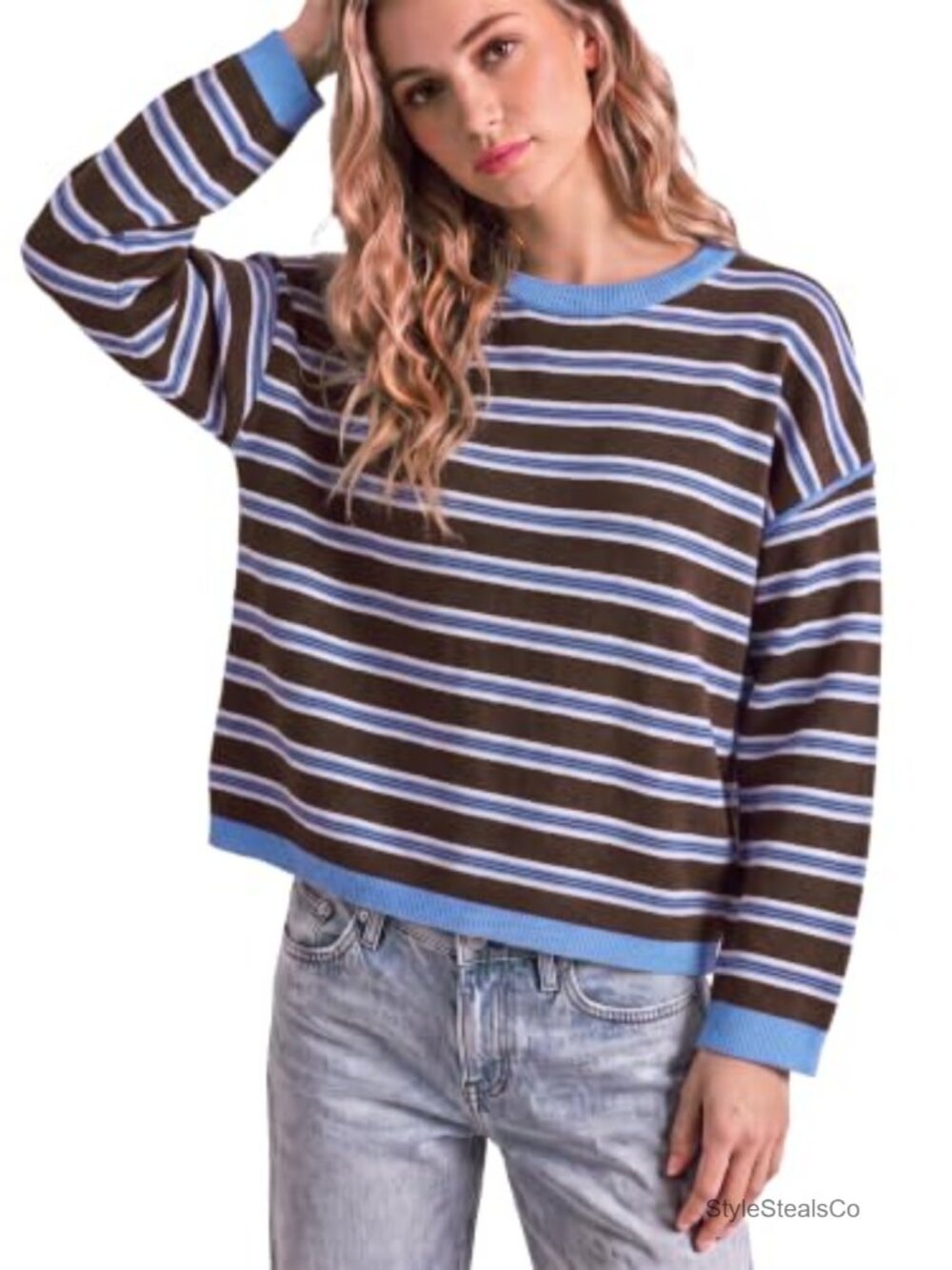 Striped Oversized Knit Pullover Sweater Long Sleeve Crew Neck
